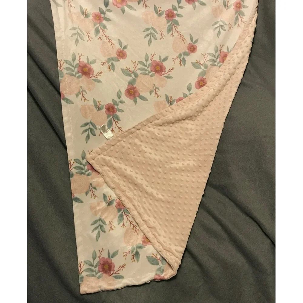 Catherine Malandrino Floral Baby Blanket Pink Minky Dot Rose Print Nursery White